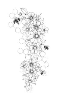 a drawing of flowers and bees on a white background