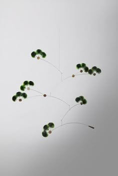 a wind chime hanging in the air with lots of green plants on it's side