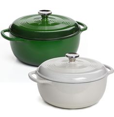 two green and white casserole dishes on a white background, one with a lid