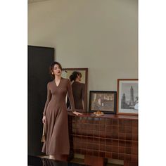 one tone knit dress – remulia Elegant Long Knit Midi Dress, Brown Knit Winter Dress, Classic Long Fall Dresses, Classic Long Dresses For Fall, Brown Stretch Dresses For Winter, Elegant Brown Long Sleeve Sweater Dress, Elegant Long Sleeve Brown Sweater Dress, Classic V-neck Winter Dress, Brown V-neck Midi Dress For Winter