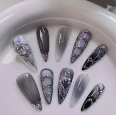 What's included in your order: 💓 Set of 10 Press on Nails 💓1 App Kit: 💓Mini nail filer 💓 cuticle pusher 💓24 nail adhesive tabs 💓Alcohol Prep Padhandmade purple and silver press on nail | purple heart press on nail | gift for her | Custom Size: 💓Choose custom size option, don't forget to add measurements of your 10 nails in the note section. 💓Nail set is handmade so they may slightly differ from the image shown. Due to differences in computer monitors, phone displays and tablet displays, Ongles Goth, Punk Nails, Gothic Nails, Goth Nails, Grunge Nails, Y2k Nails, Pretty Gel Nails, Beauty Nail, Funky Nails