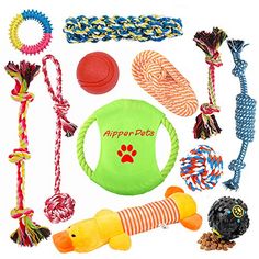 an assortment of dog toys including rope, ball, and tug ropes