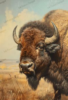 an oil painting of a bison standing in the grass