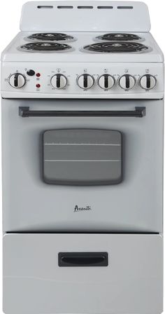 an electric stove with two burners and one oven door open, on a white background