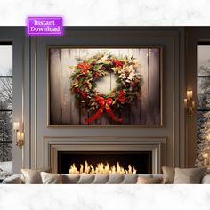 a christmas wreath hangs on the wall next to a fireplace