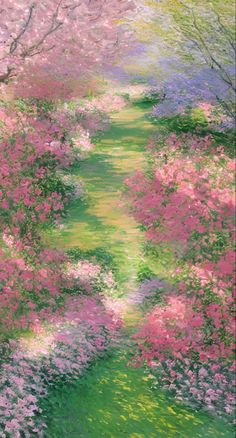 a painting of trees and flowers in bloom