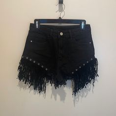 Never Worn. Black Jean Shorts With Fringe. No Trades Black Cutoff Bottoms For Night Out, Edgy Bottoms With Fringe For Night Out, Black Fringe Bottoms For Night Out, Black Cutoff Shorts For Night Out, Fringe Shorts, Black Mid-rise Shorts For Night Out, Black Fringed Bottoms For Night Out, Black Fringe Bottoms For Club, Black Fringe Shorts For Summer