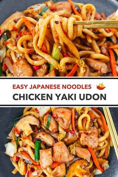 chicken yaki udon with chopsticks in a black bowl