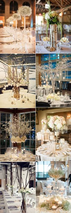 several pictures of tables and chairs with flowers in vases