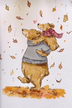 two brown bears hugging each other on a white background with autumn leaves and falling leaves