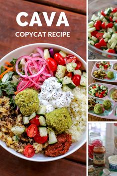 a collage of photos showing different types of food in bowls, including salads and condiments