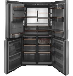 an open refrigerator with its doors wide open and the bottom section showing it's drawers