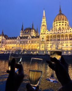 two people toasting with wine glasses in front of a large building at night time