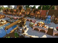 Minecraft Town On Water, Minecraft Crowded Village, Medieval Town Layout Minecraft, Minecraft Medieval Port City, Water Town Minecraft, Minecraft Medieval Town Ideas, Minecraft Fantasy Town Ideas, Medieval Town Square Minecraft, Cute Minecraft Towns