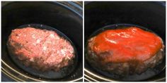 two pictures of hamburger patties cooking in the slow cooker