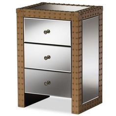 a metal and wood nightstand with two drawers on each side, one drawer is open