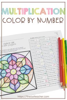 the color by number worksheet with colored pencils next to it and an image of