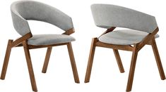 two chairs with wooden legs and grey upholstered fabric seat covers, one on the other side