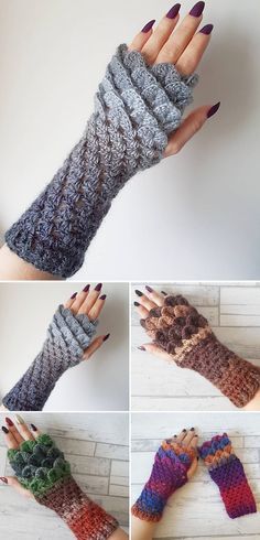 four pictures of different types of knitted gloves with hands and fingers, all in different colors