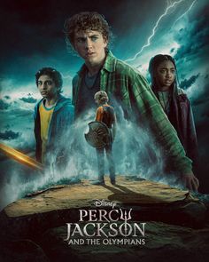 the movie poster for peter jackson and the olympians, featuring two boys standing on a rock