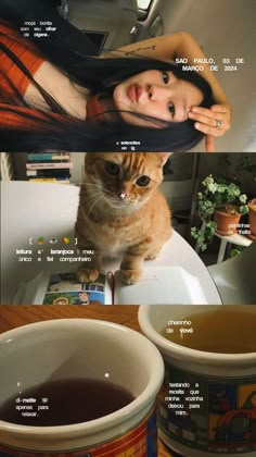 a cat sitting on top of a table next to a cup of tea and a woman