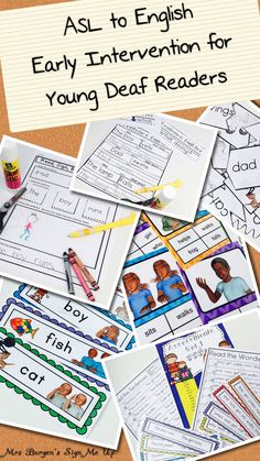 a pile of posters with the words asl to english and an image of children's faces