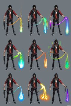 multiple images of a man with different colored lights in his hands and holding a fire extinguisher