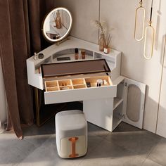 Modern White Corner Makeup Vanity Set with Acrylic Top & Mirror & Stool & Cabinet | Homary Vanity With Storage Bedroom, Compact Make Up Table, Corner Dressing Table Ideas Modern, Corner Vanity Bedroom, Wooden Makeup Table, Corner Makeup Table, Makeup Vanity Bathroom, Makeup Vanity Bedroom, Corner Vanity Table