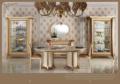 an elegant dining room with gold furniture and chandelier