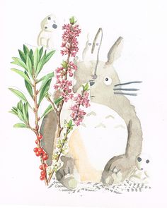 a watercolor painting of two rabbits with flowers in their lap and one rabbit holding onto the plant