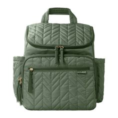 a green quilted backpack with two zippers on the front and one pocket open