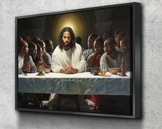 a painting of jesus sitting at a table surrounded by other people, with his arms crossed