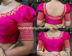 puff sleeves maggam work blouse Pink Puff Blouse Designs, Maggam Work Blouse Designs Puff Hands, Back Side Of Blouse Design, Blouse Designs With Puff Hands, Maggam Work Puff Hands, Bloue Hands Design, Embroidery Blouse Back Designs, Simple Blouse Designs For Saree Pattu, Puff Hands Blouse Designs For Pattu Sarees