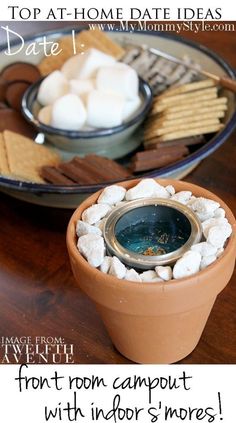 two plates with marshmallows in them and the words, top at home date ideas