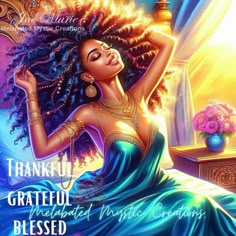 a painting of a woman in a blue dress with her hands on her head and the words thank grateful