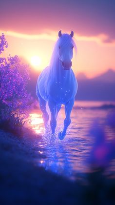 a white horse is running in the water at sunset or dawn with its head turned to the right