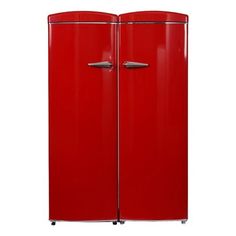 a red refrigerator freezer sitting next to each other