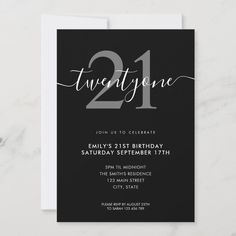 black and white 21st birthday party card with the number one on it's front