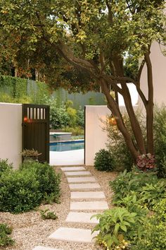 an outdoor garden with trees, shrubs and stones leading to a pool in the background