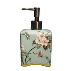 a soap dispenser with flowers painted on it