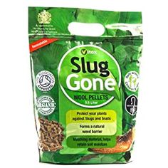 the bag of slug gone wool pellets is shown on a white background with green leaves