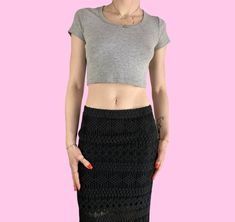 Y2K Black Crochet Low Rise Fairy Grunge Maxi Skirt Pullover closure with a stretchy waist, Emma Chamberlain vibes. Partially semi sheer as seen in pics  Brand - Quinn Tag size - small Seen on size small waist, 5'4 Measurements (laying flat) has stretch Waist (no pull) 12 in - (taut) 17 in Length - 42 in Hip - 14.5 in #coquette #fairyskirt #crochetskirt #maxiskirt #whimsygoth Amarillo Tx, Fairy Skirt, Emma Chamberlain, Crochet Skirt, Y2k Black, Fairy Grunge, Black Crochet, Small Waist, Low Rise