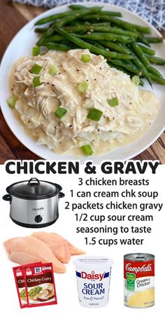 chicken and gravy recipe on a white plate with green beans next to it