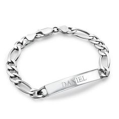 Custom Made Men's Father's Day Jewelry Gifts: this customized Engraved Man ID Bracelet is the perfect choice for him, men, boyfriend, husband, dad with any name, word, text.~~~~~~~~~~~~~~~~ ~~~~~~~~~~~~~~~~~~~ ★ INFO ABOUT THIS ITEM:Material: Sterling Silver 925 / 18K Gold Plated Sterling Silver 925 / Gold Vermeil Plated Sterling Silver 925Thickness: 1.8 mm / 0.07"Measurements: 6.85 mm x 54.05 mm / 0.26" x 2.12"Chain style: Figaro chainChain length: One Size - 8.6"Customization Instructions: ❤ C Star Necklace Gold, Star Charm Necklace, Dainty Gold Necklace, Braided Leather Bracelet, Id Bracelets, Engraved Bracelet, Star Jewelry, Name Bracelet, Sterling Silver Mens