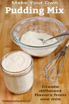 the ingredients to make pudding mix are shown in small bowls on a wooden table with a whisk