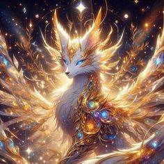 a white cat with gold feathers and blue eyes sitting in the middle of a night sky