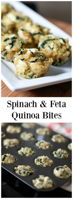 spinach and feta quinoa bites on a white plate next to a muffin tin