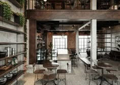 the interior of a restaurant with tables and chairs