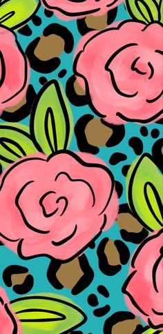 an abstract painting of pink flowers on blue and black background with leopard spots, leaves and dots