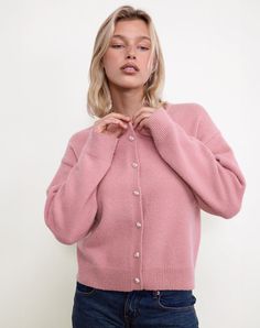 Pink Knit Cardigan, Parallel Jeans, Party Dress Long Sleeve, Pink Knit, Heart Button, Jean Trends, Bandeau Dress, Dusky Pink, Pink Cardigan